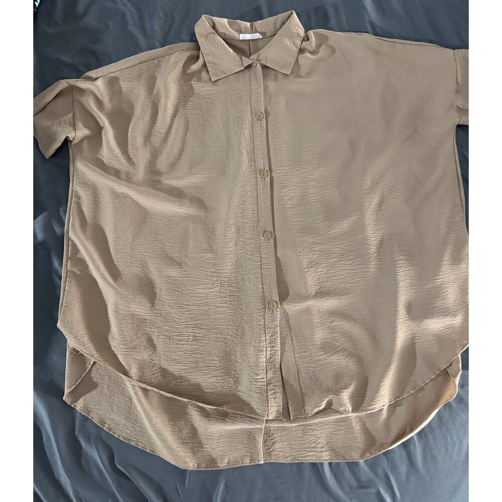 Nellie Mae Taupe Textured Crepe Button Up Top 2X Oversized Short Sleeve